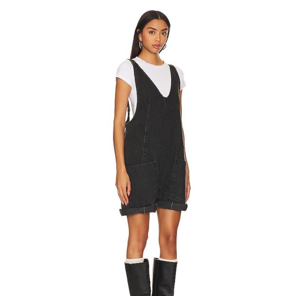 Free People We The Free High Roller Shortall Womens S Black Denim Cotton V Neck - Picture 6 of 7